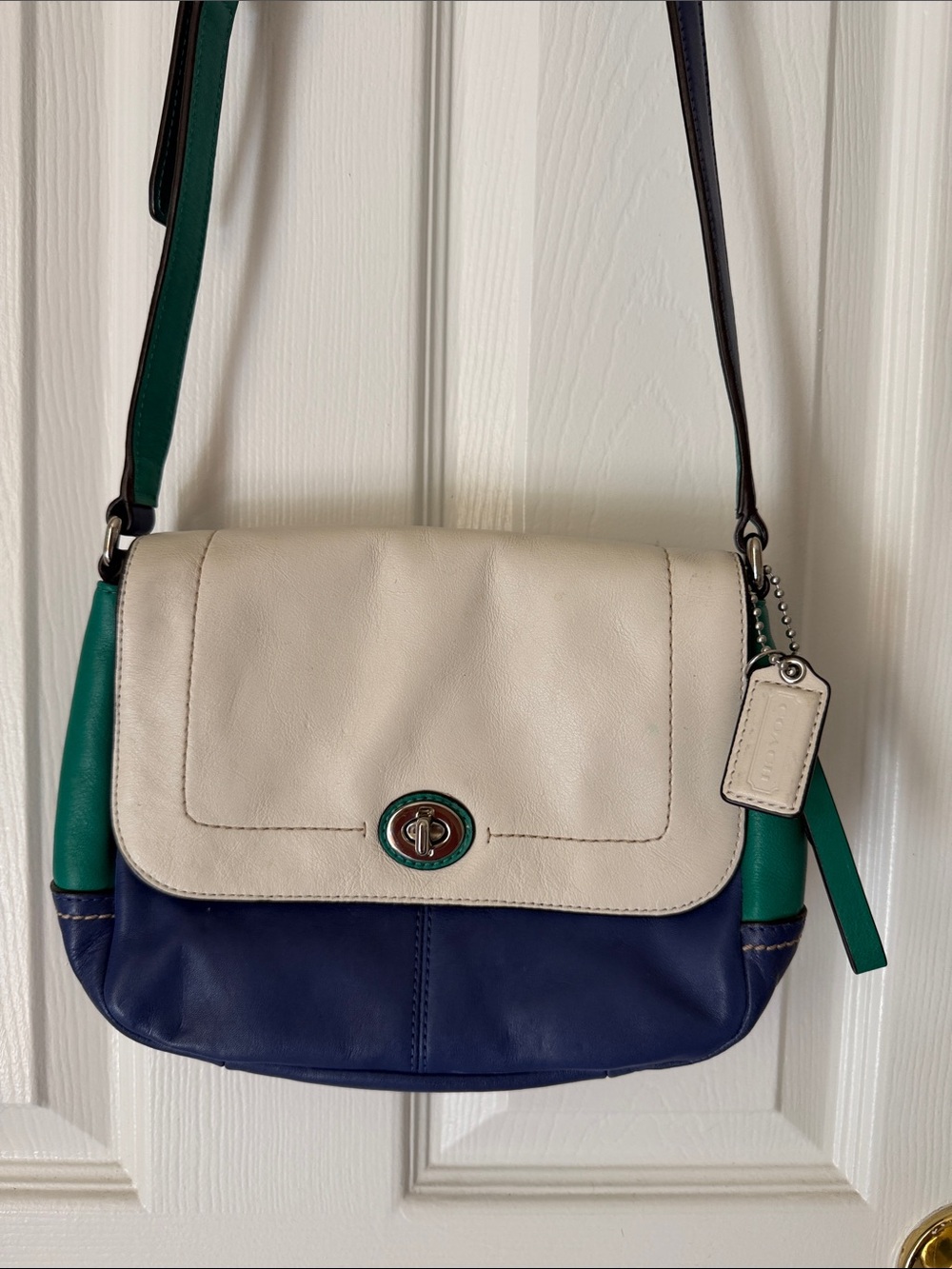 Cream, Navy & Green Leather Crossbody Shoulder Bag